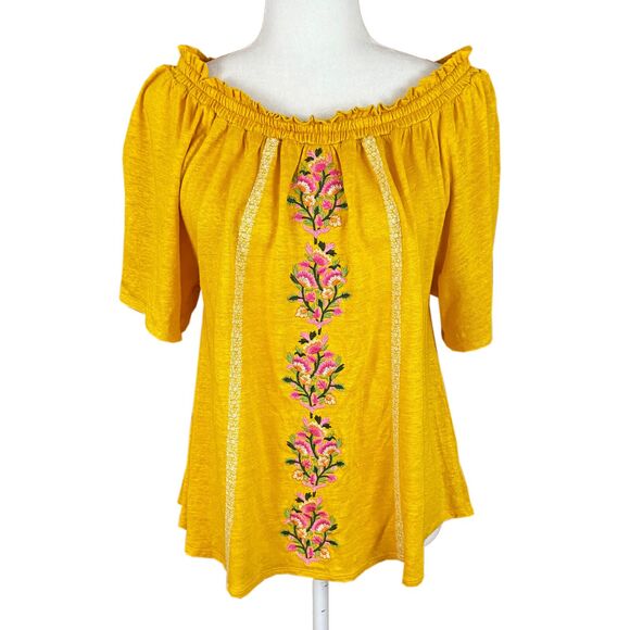 Sundance Dancing Garden Top Size S Yellow Linen Embroidered Off-the-Shoulder - Picture 5 of 7